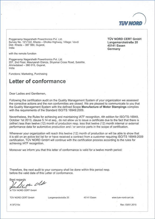 ISO/TS 16949:2002 certificate